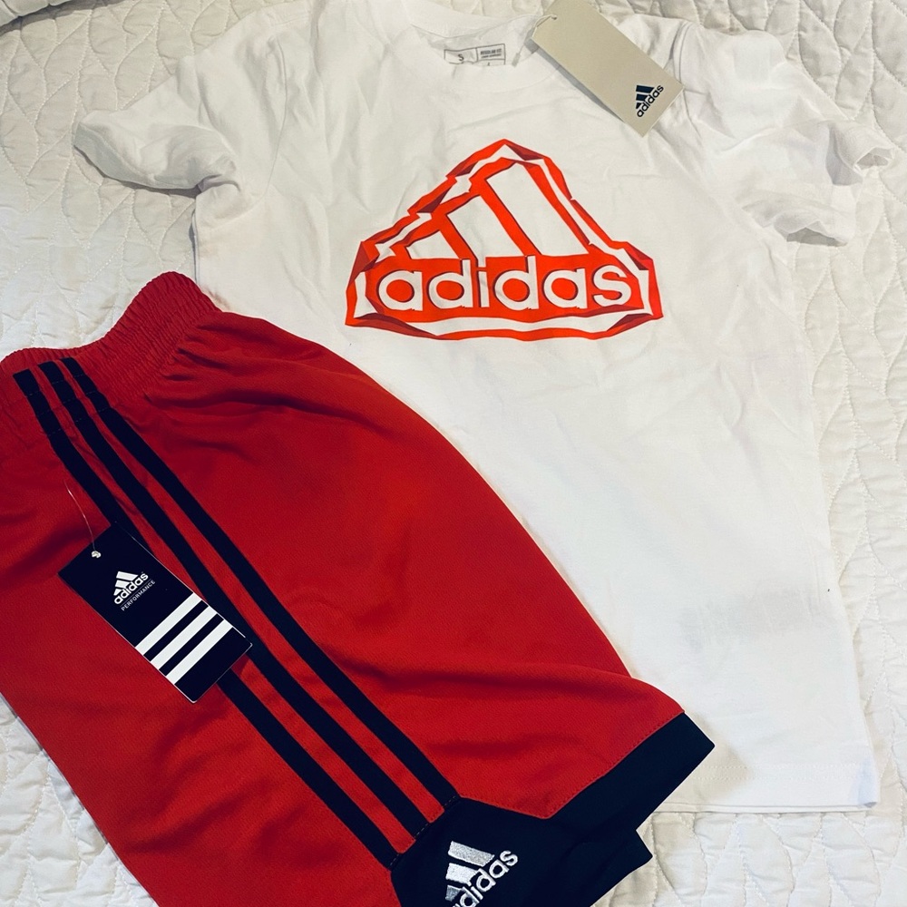 adidas White Tee with Red Logo & Red Shorts Matching Set